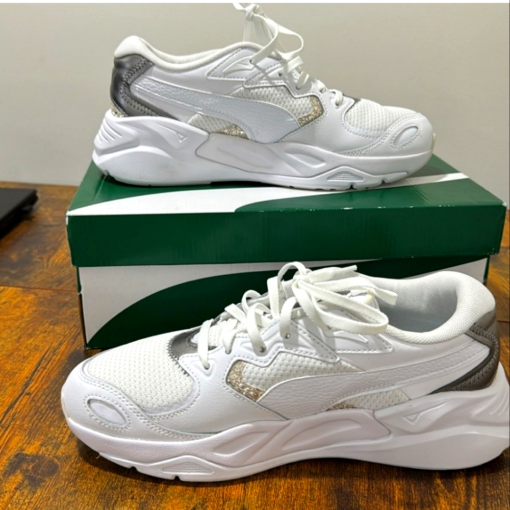 Puma Women's White and Silver Sneakers